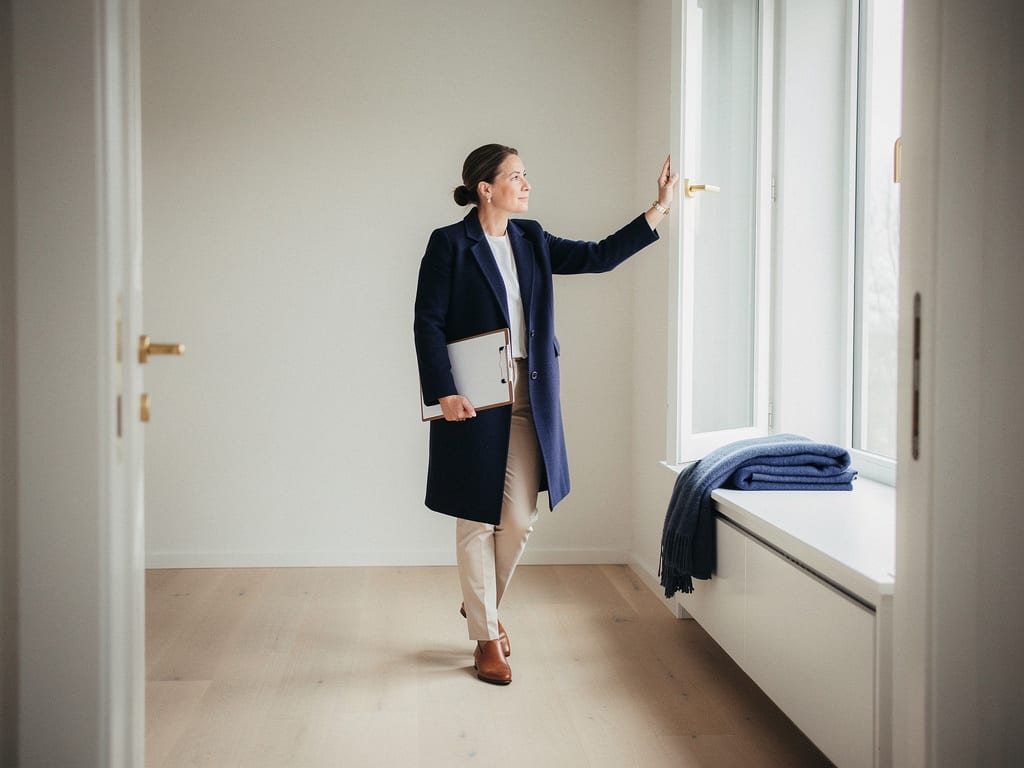 A property manager inspecting an empty, freshly cleaned living room before a new tenant moves in
