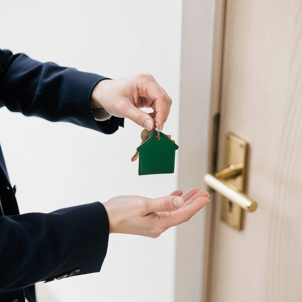 Hands passing brass house keys with a green leather tag to a new tenant