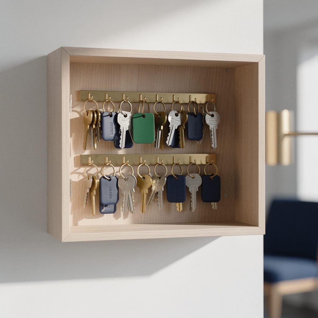 A neatly organised wooden key cabinet with labelled-free brass keys on hooks