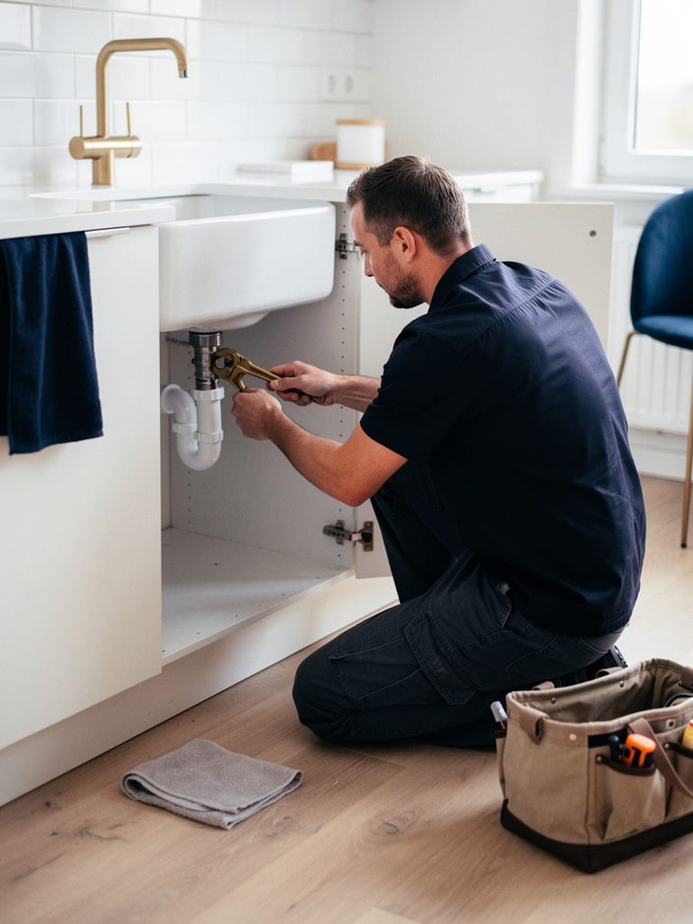A maintenance technician repairing a kitchen tap in a rental apartment